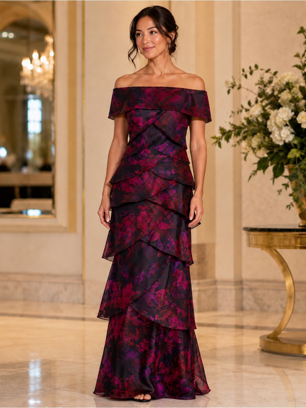 Xscape Floral Tiered Ruffle Gown Size 6P NWT Off Shoulder Formal Dress